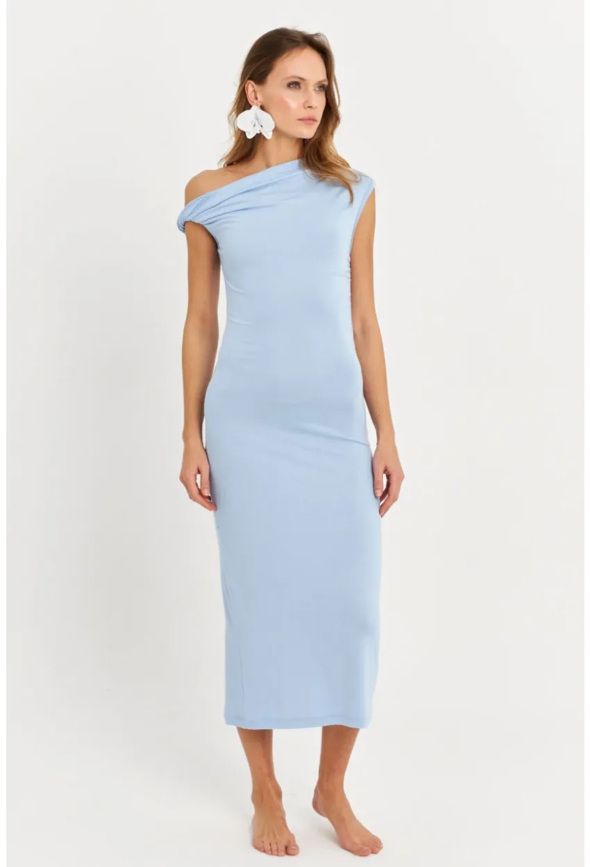 Kadın Mavi Omuz Düğümlü Degaje Midi Elbise EY3054