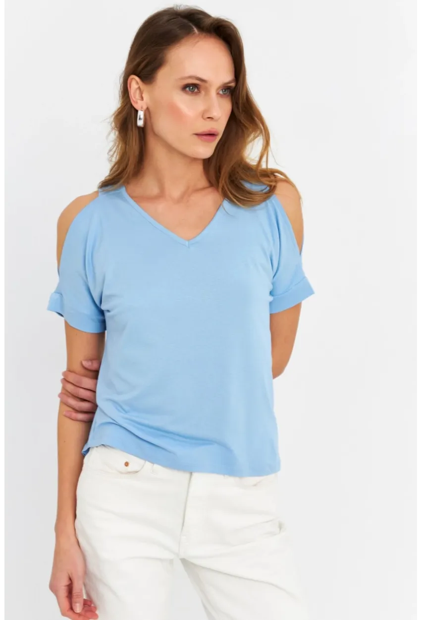 Kadın Mavi Omuzları Açık Bluz BR1329