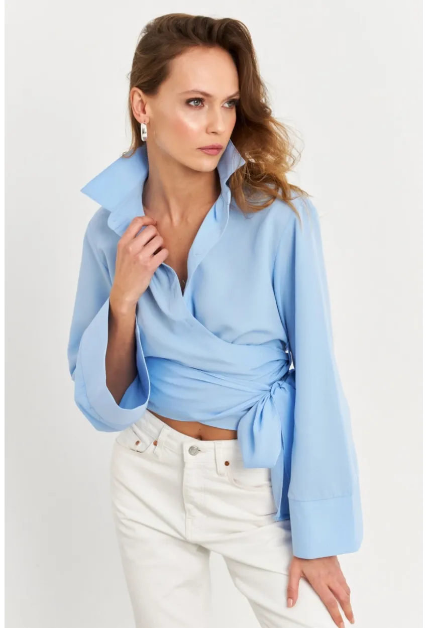 Kadın Mavi Önü Bağlamalı İspanyol Kol Gömlek MON142