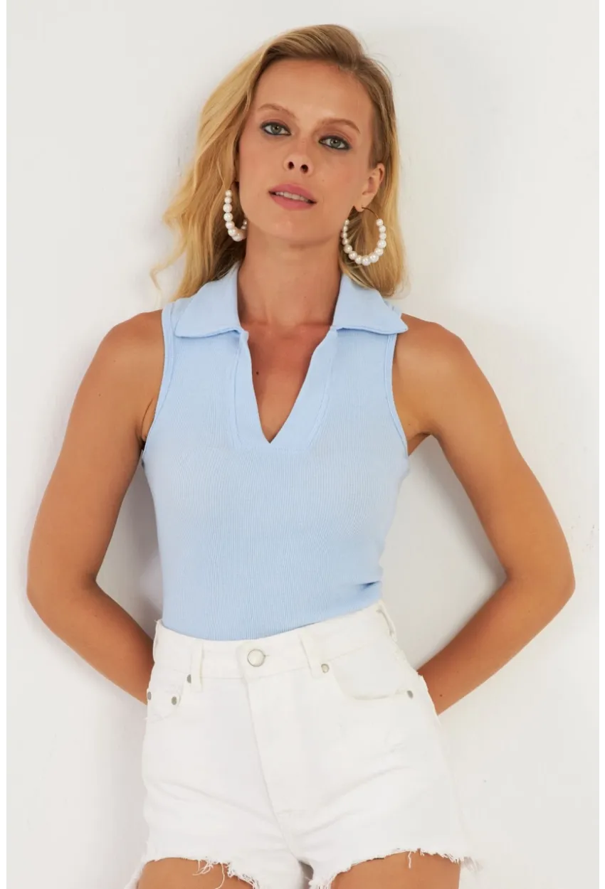 Kadın Mavi Polo Yaka Kaşkorse Bluz MK10