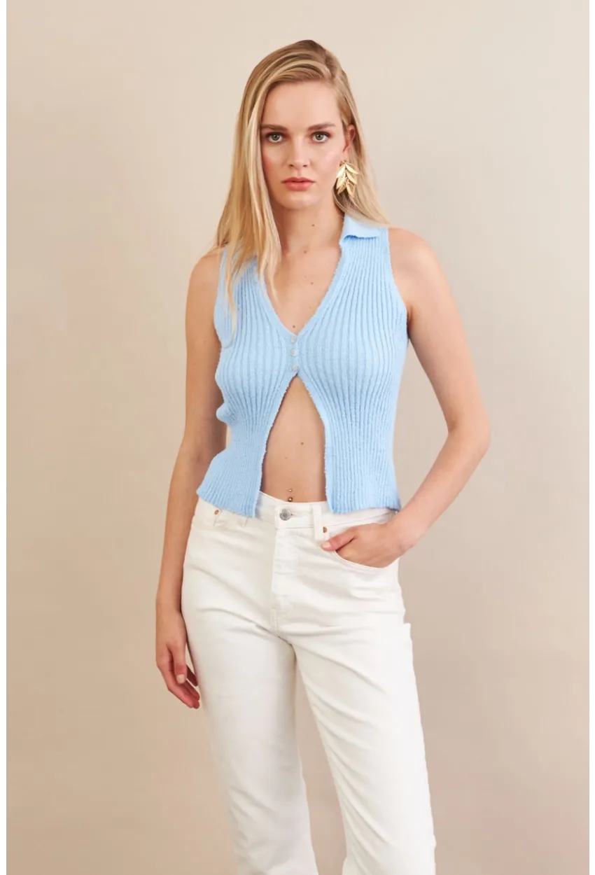 Kadın Mavi Polo Yaka Yumoş Yelek ZH050