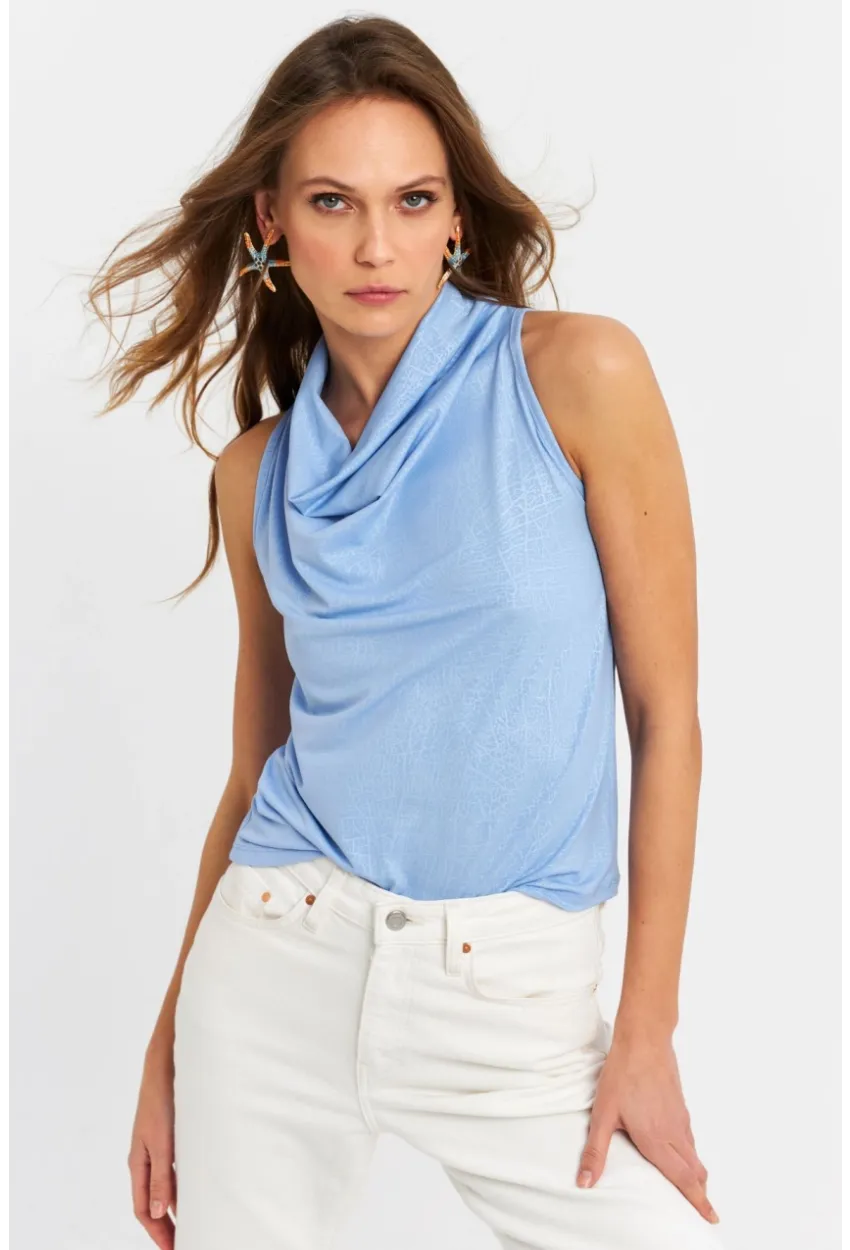 Kadın Mavi Sırt Pencereli Desenli Bluz LPP1021