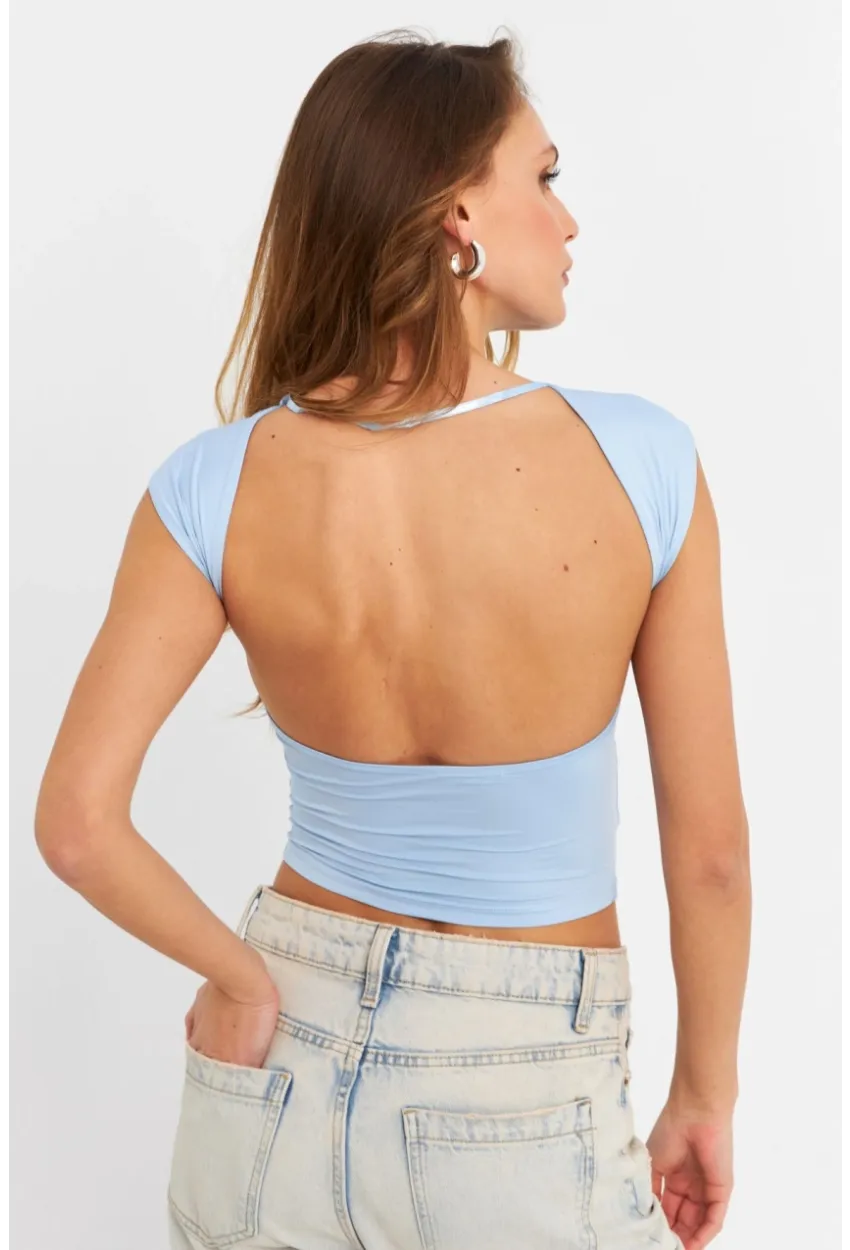 Kadın Mavi Sırtı Açık Crop Bluz ZH083