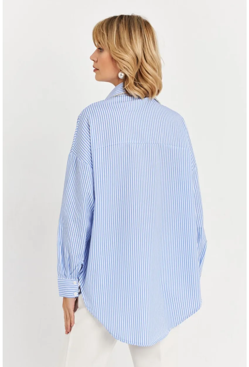 Kadın Mavi Taş Detaylı Çizgili Gömlek KED4088