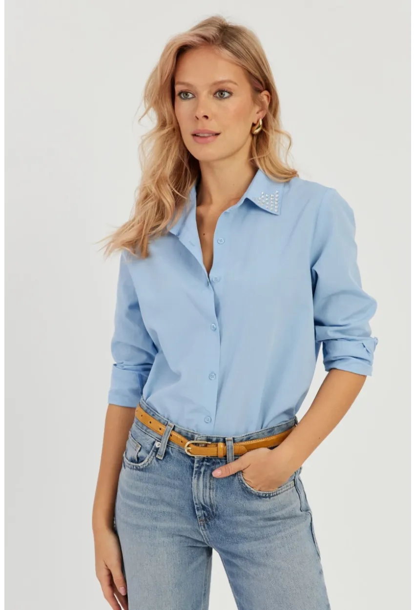 Kadın Mavi Taş Detaylı Gömlek ZER402