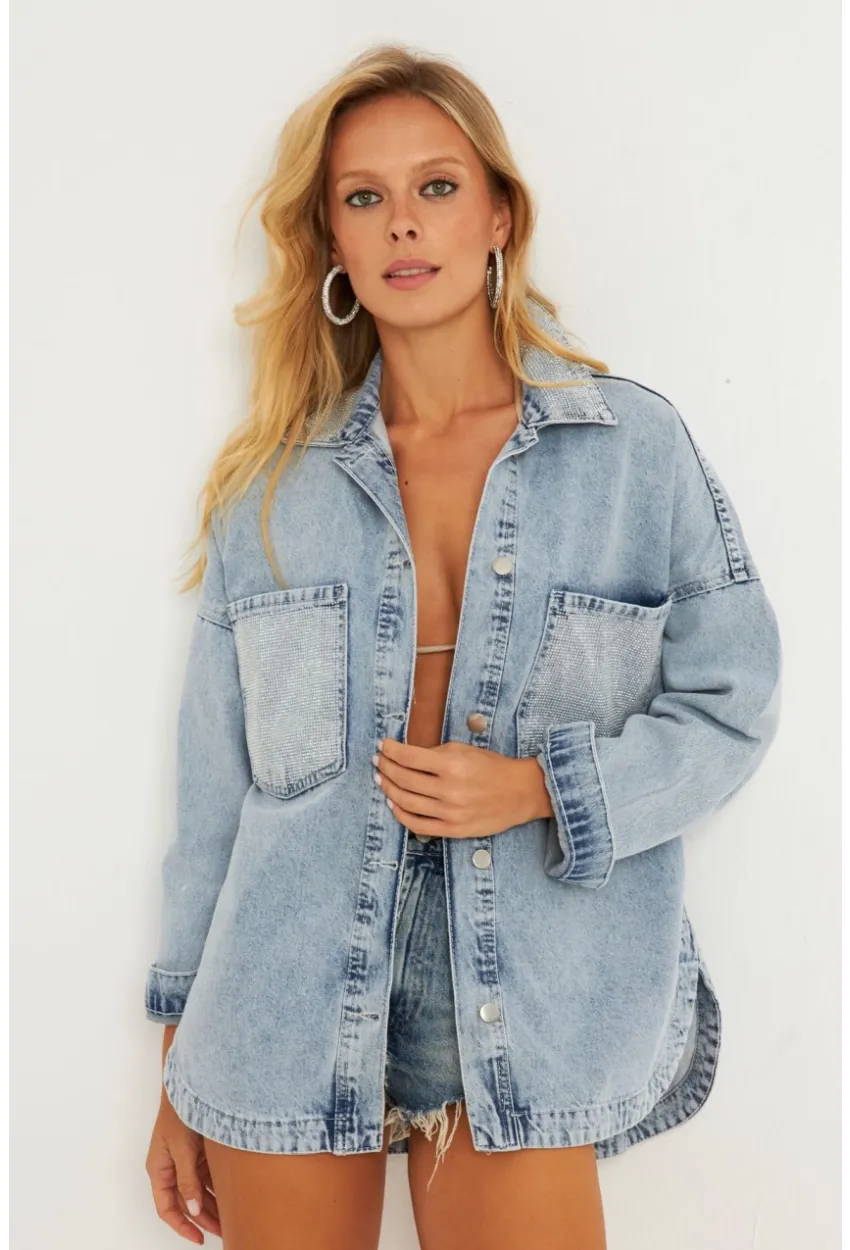 Kadın Mavi Taşlı Denim Ceket İS249