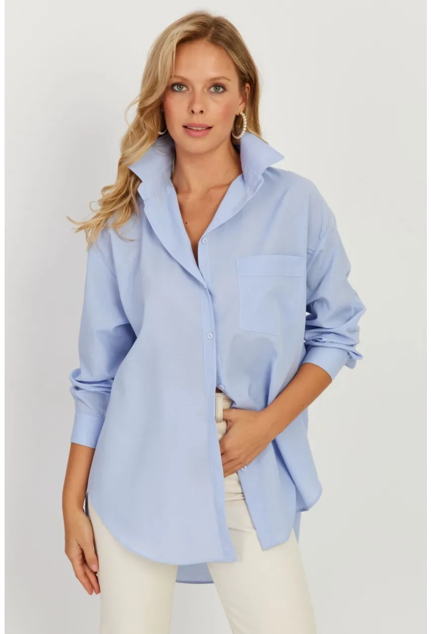 Kadın Mavi Uzun Basic Gömlek SF2535