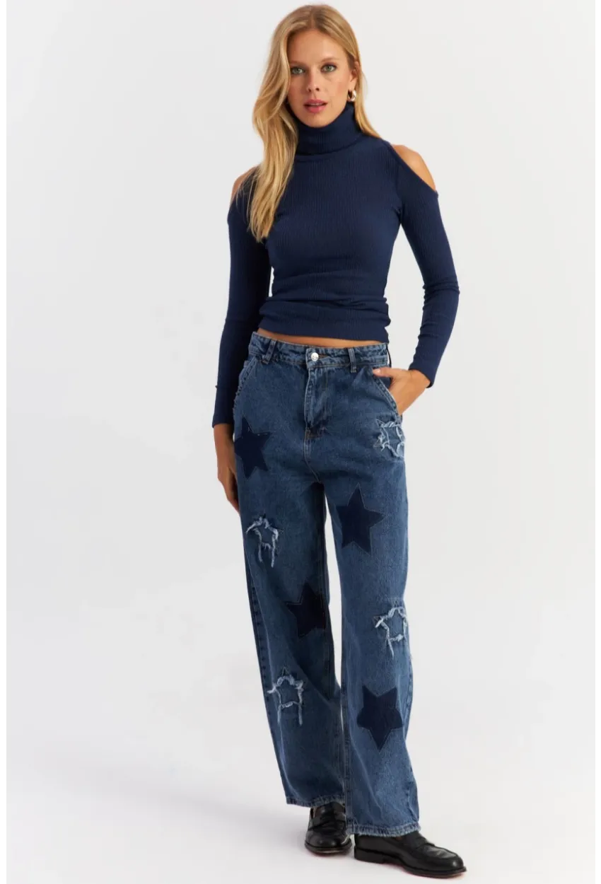 Kadın Mavi Yamalı Jean Pantolon AUR1