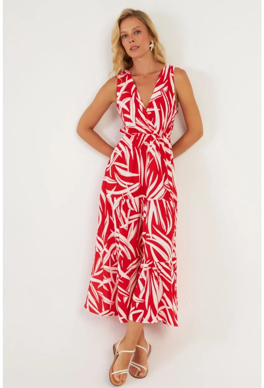 Kadın Mercan Desenli Kruvaze Midi Elbise YZ634