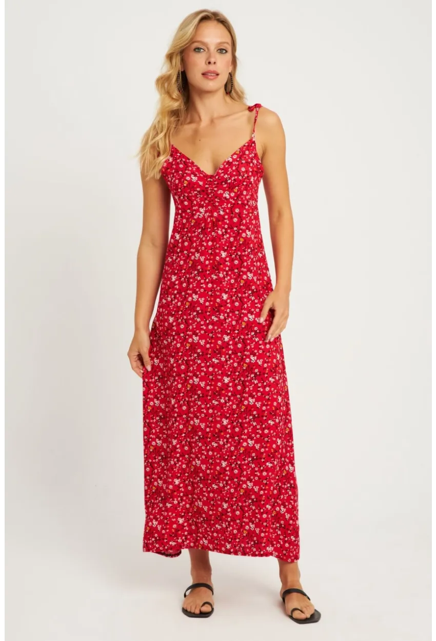 Kadın Mercan İp Askılı Çiçekli Midi Elbise GÇ172