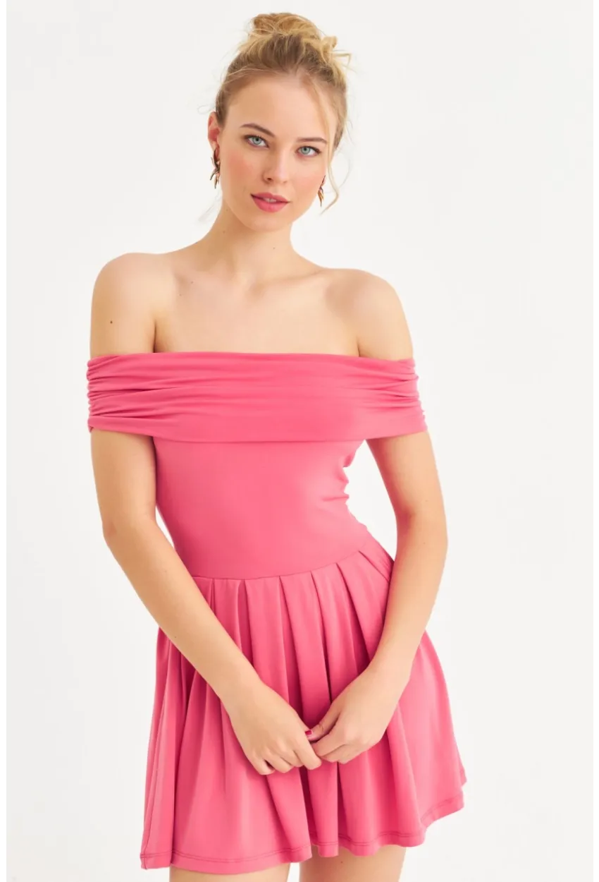 Kadın Mercan Madonna Yaka Mini Elbise MON1262-1