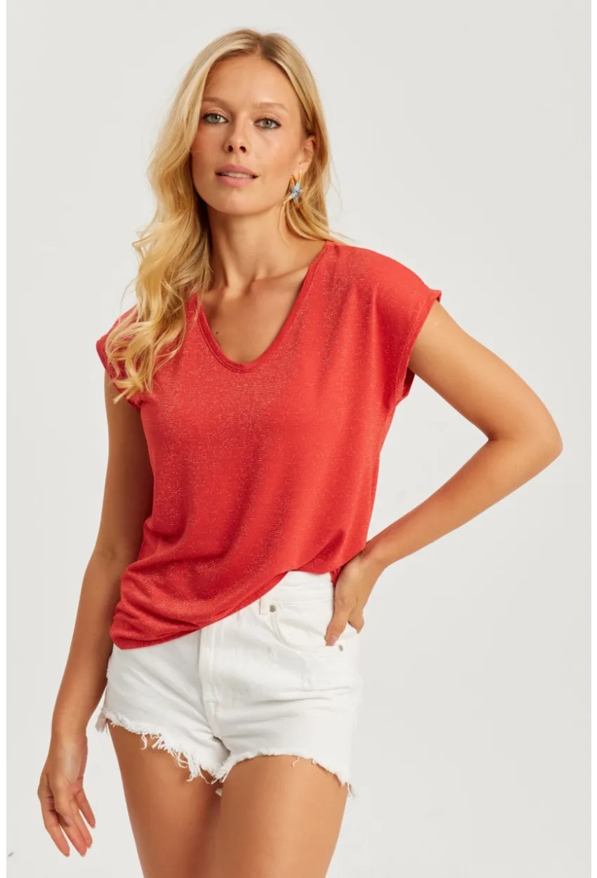 Kadın Mercan V Yaka Simli Bluz RX436