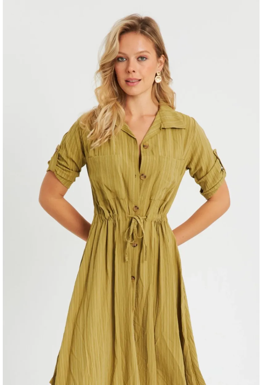 Kadın Midi Gömlek Elbise Haki Q984