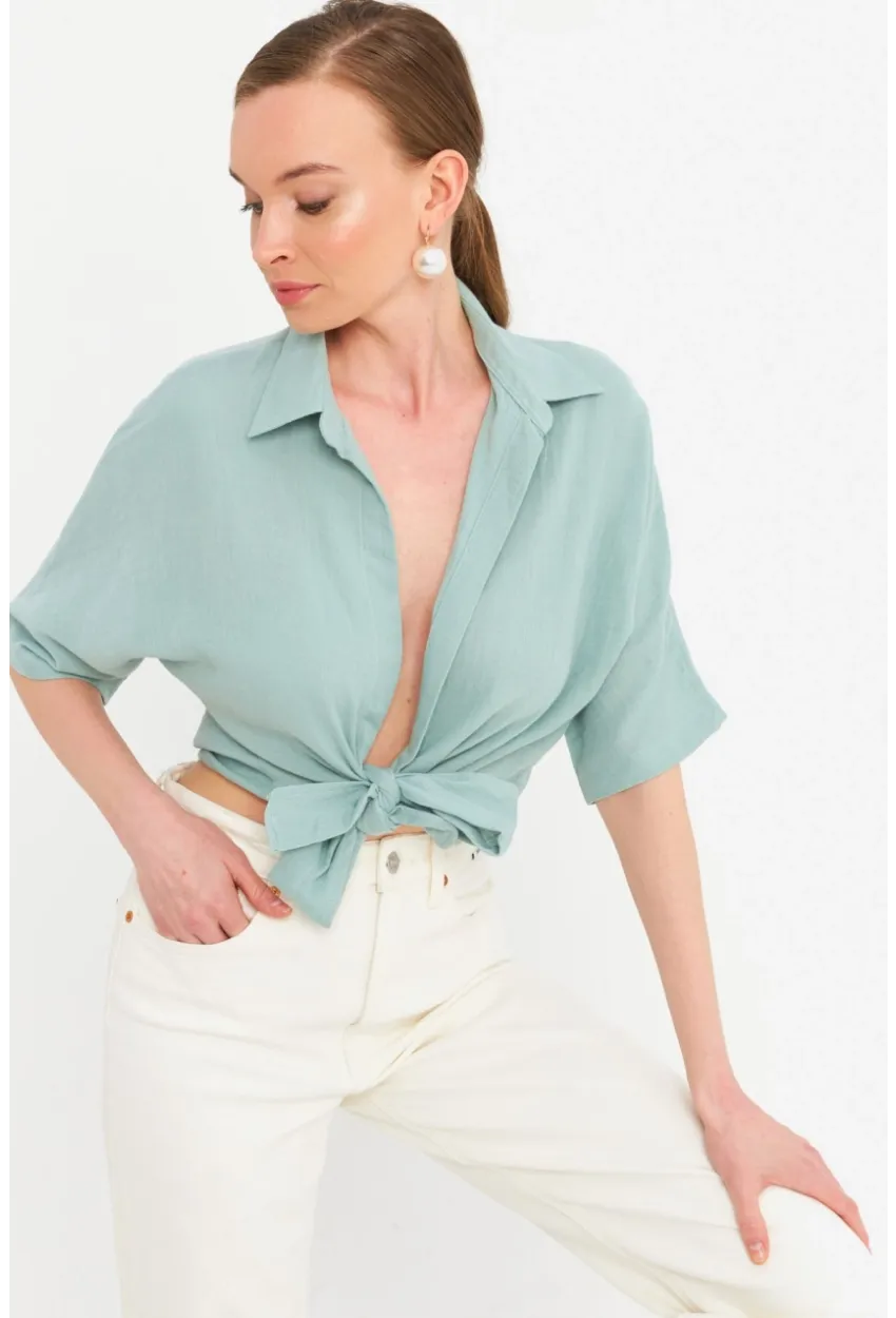 Kadın Mint Bağlamalı Keten Bluz BTH16