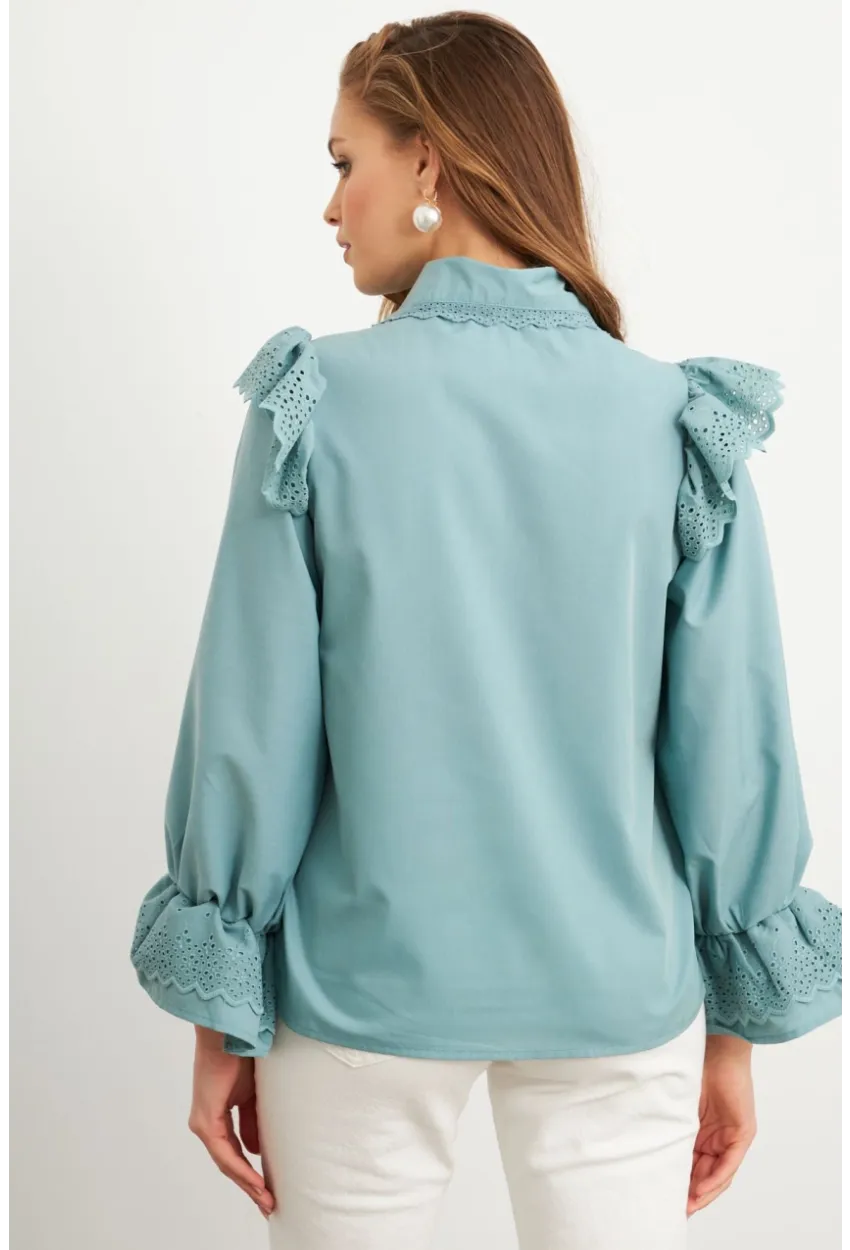 Kadın Mint Bebe Yaka Dantelli Gömlek MQS1839
