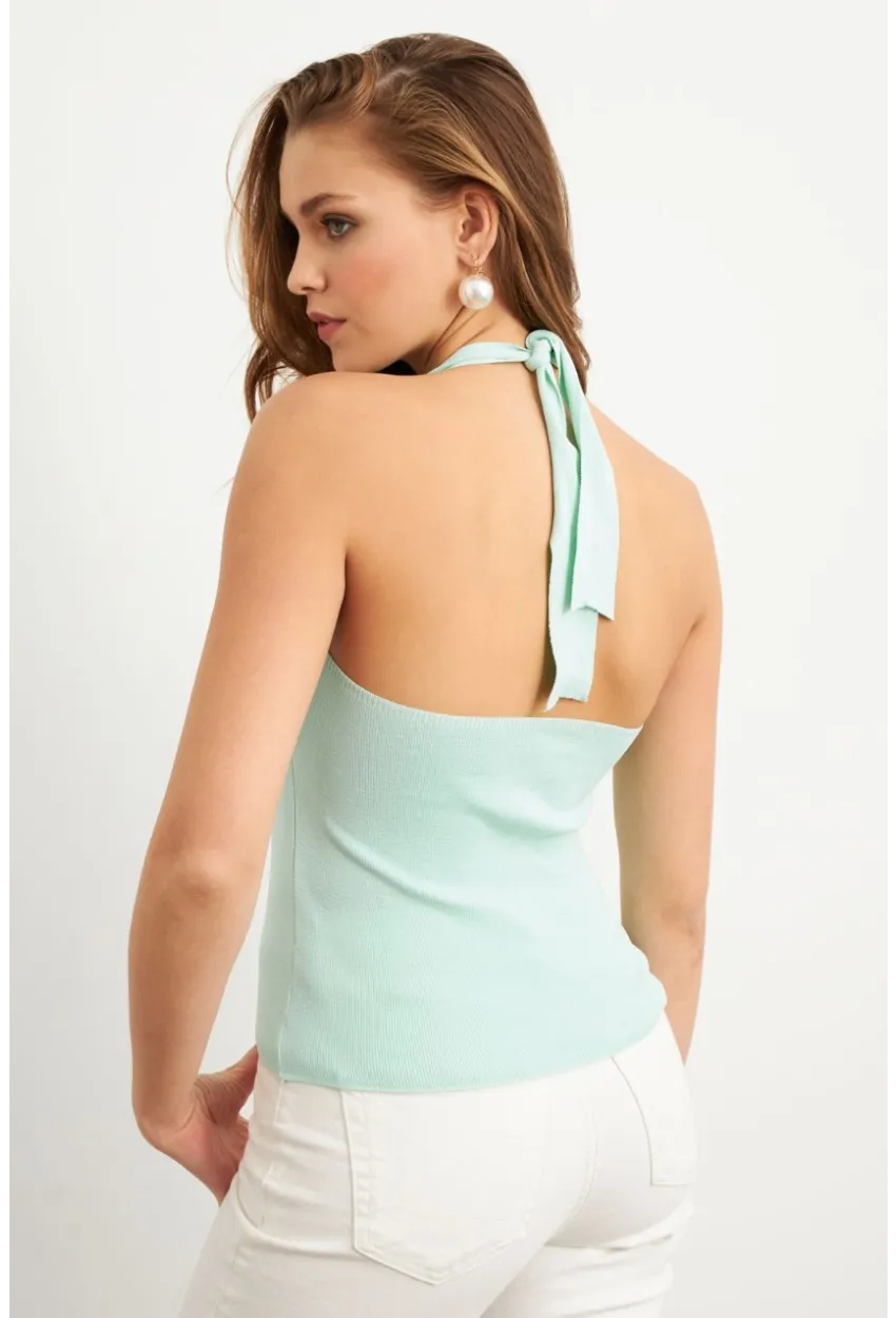 Kadın Mint Boyundan Bağlamalı Triko Bluz YV356