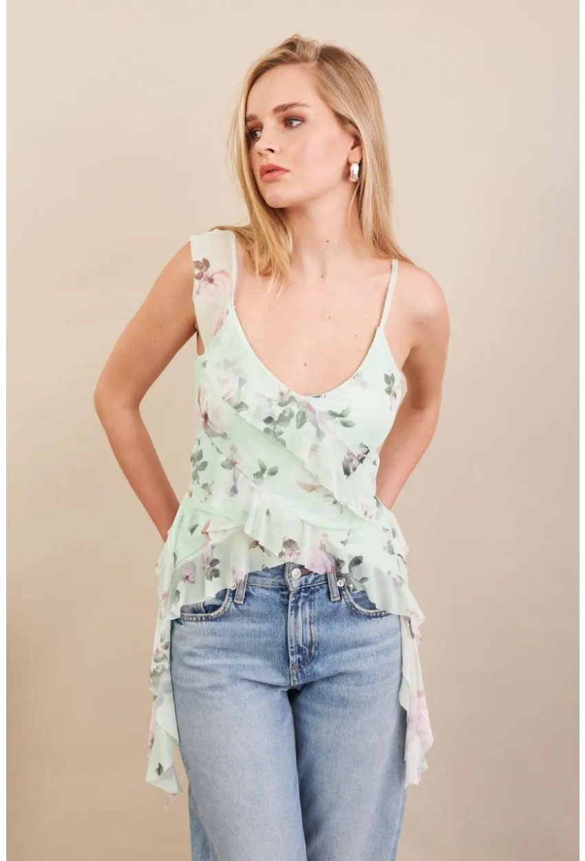 Kadın Mint Desenli Fırfırlı Şifon Bluz FS033