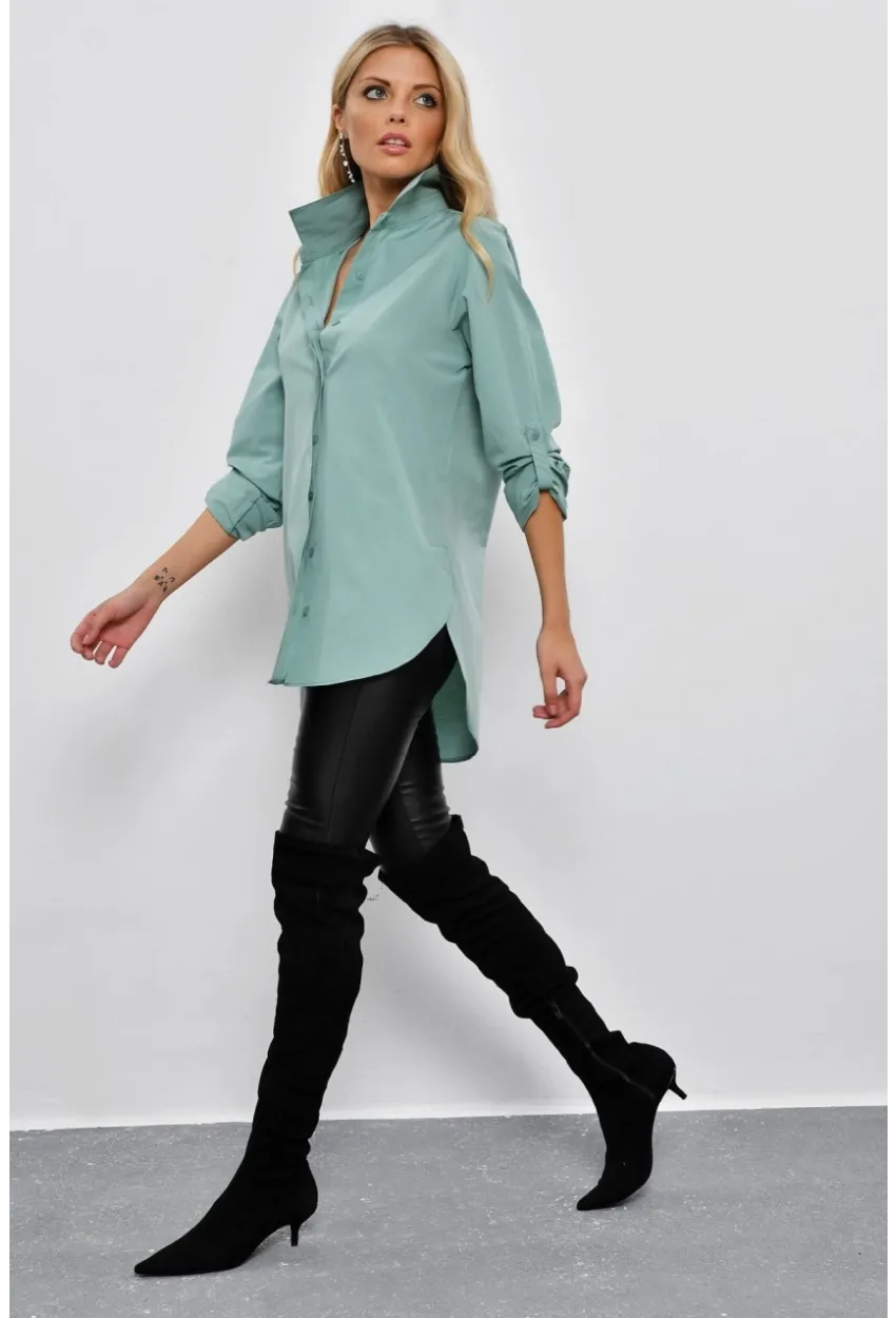 Kadın Mint Gizli Düğmeli Uzun Gömlek SF2001