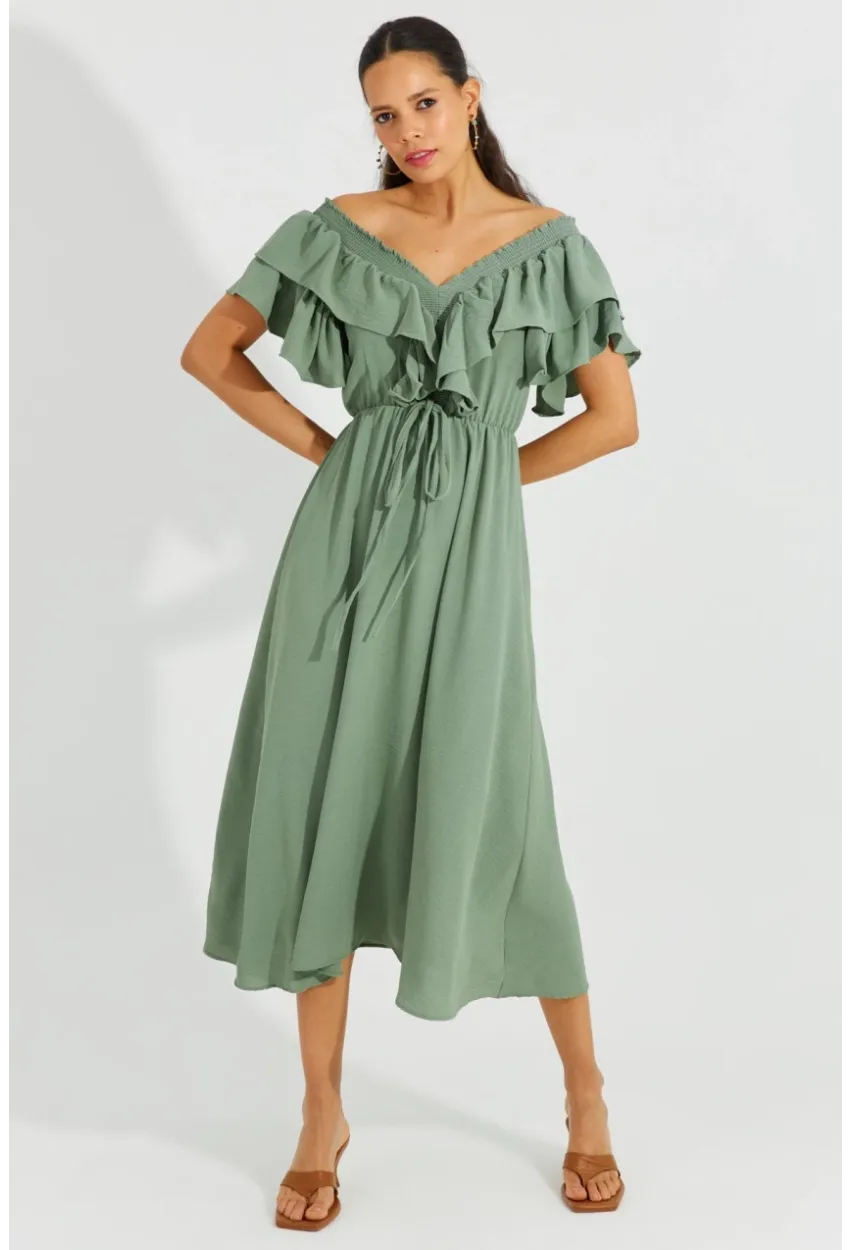 Kadın Mint Ön Arka V Volanlı Elbise KS113