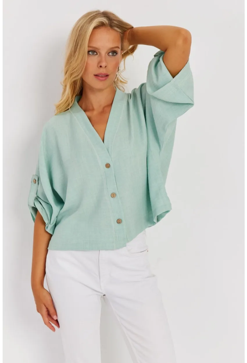 Kadın Mint Yarasa Kol Kısa Gömlek GÇ160