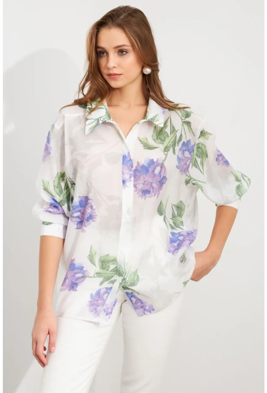 Kadın Mor Çiçek Desenli İnce Keten Gömlek MCAR1068