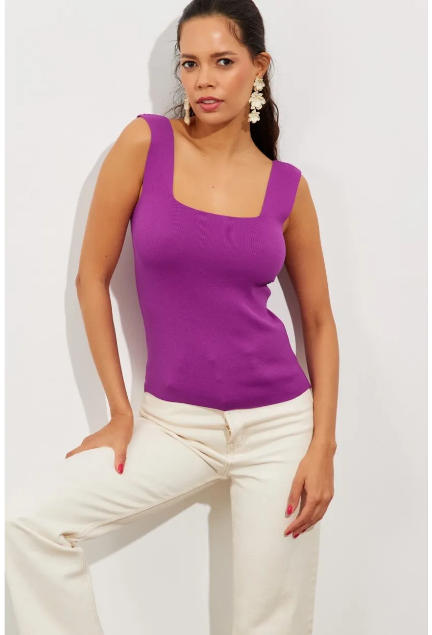 Kadın Mor Kare Yaka Triko Bluz YV87