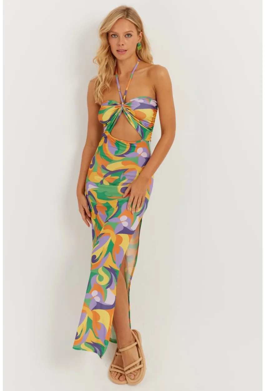 Kadın Multi Boyun Bağlamalı Desenli Midi Elbise MEN2041