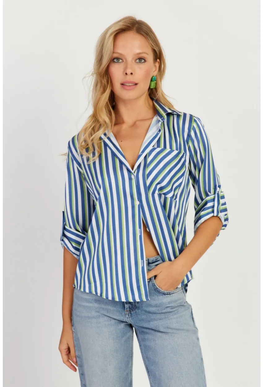 Kadın Multi Çizgili Saten Gömlek SF2536
