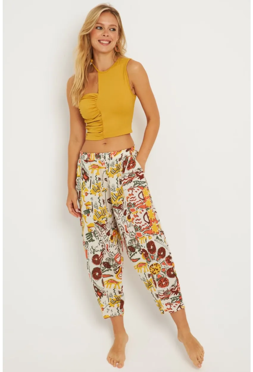 Kadın Multi Desenli Keten Şalvar Pantolon K1253