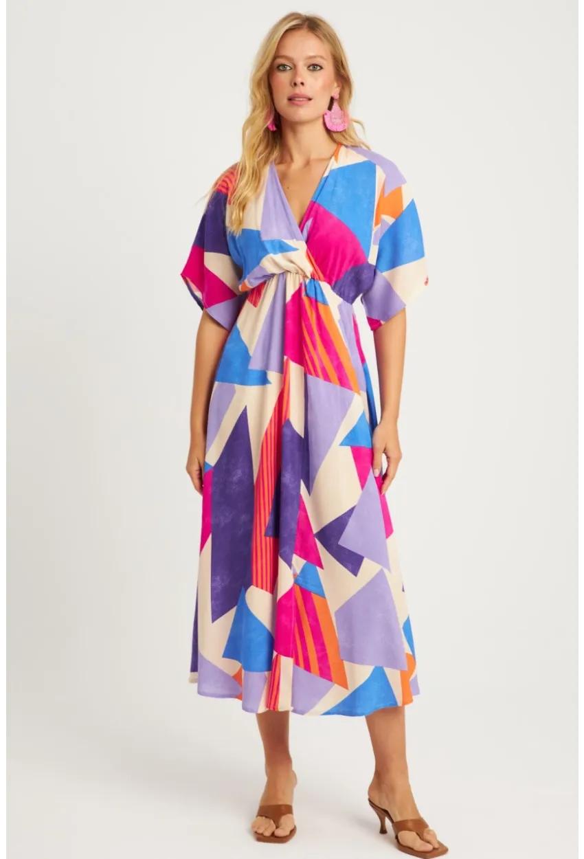 Kadın Multi Desenli Kruvaze Midi Elbise HT108