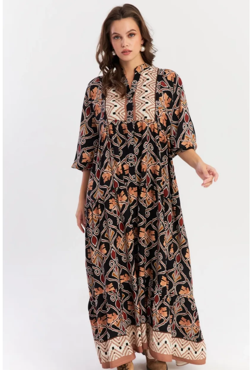 Kadın Multi Etnik Desenli Maxi Dokuma Elbise ALO228