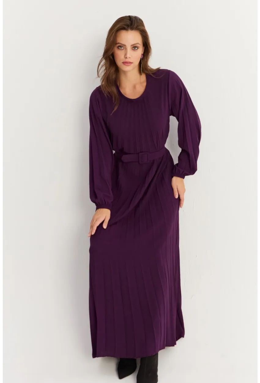 Kadın Mürdüm Kemerli Plili Maxi Elbise ALZ500