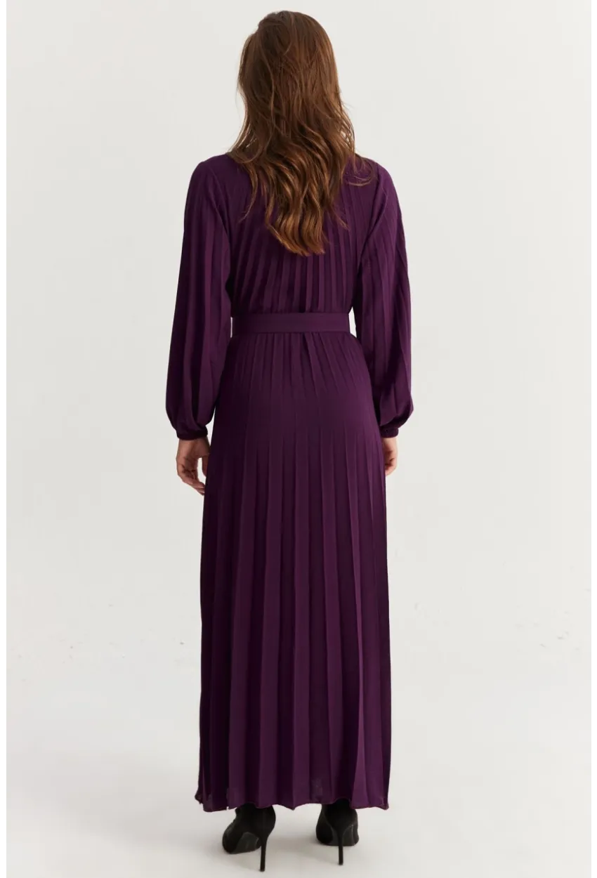 Kadın Mürdüm Kemerli Plili Maxi Elbise ALZ500