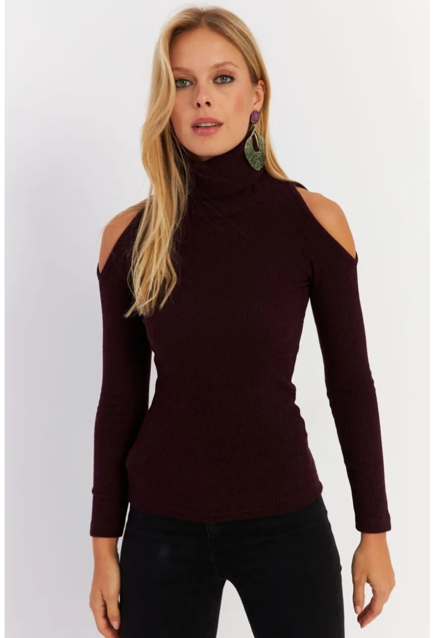 Kadın Mürdüm Omuzları Açık Kaşkorse Bluz HOR04