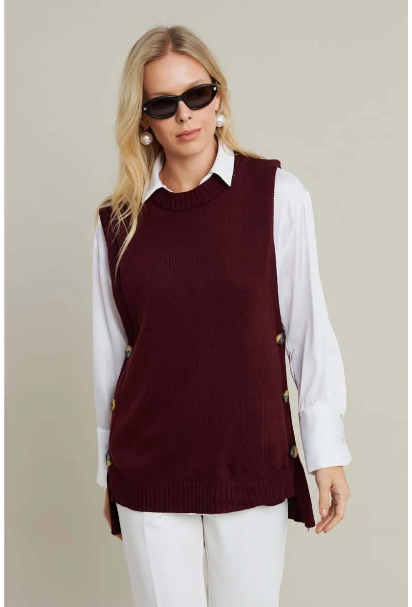 Kadın Mürdüm Yanları Düğmeli Kolsuz Triko Tunik MYV75