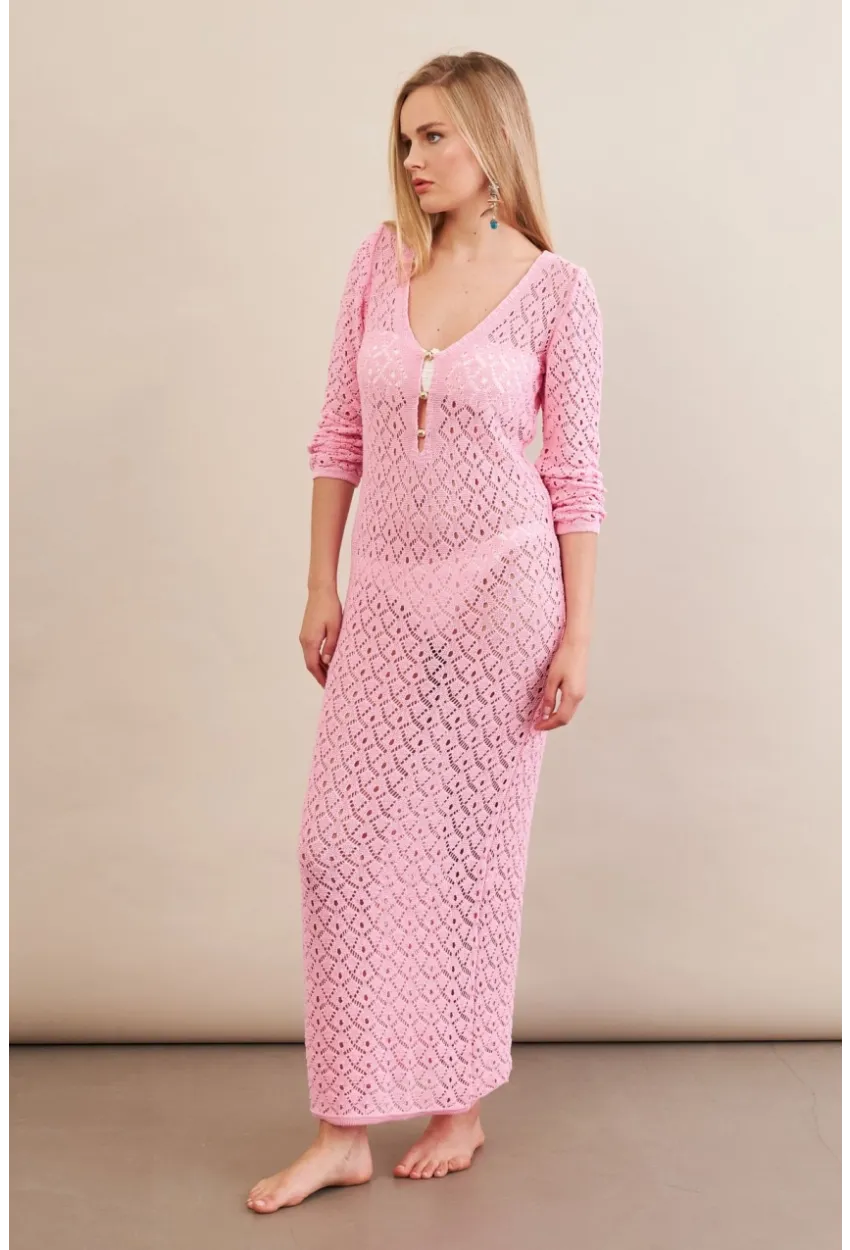 Kadın Pembe Aksesuarlı Triko Plaj Elbisesi KZ3237-90