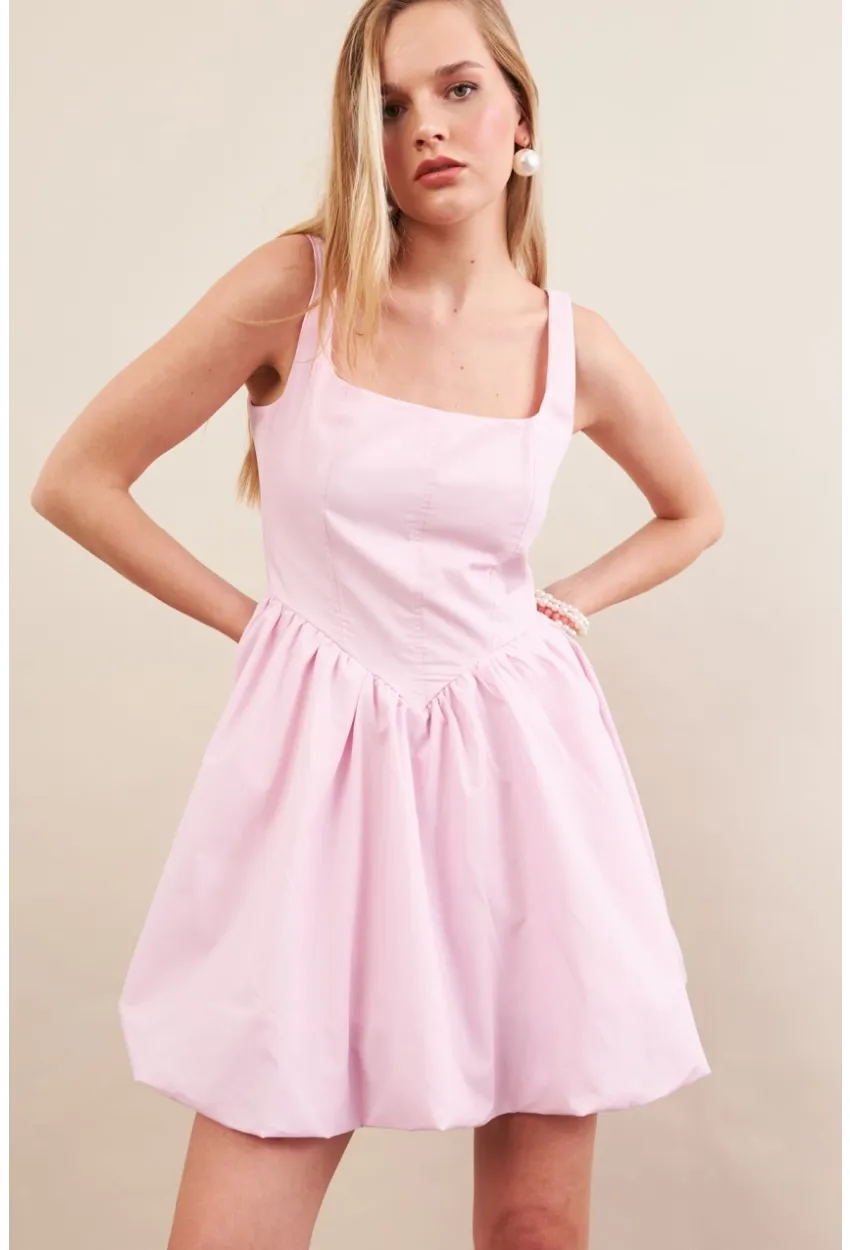 Kadın Pembe Askılı Mini Balon Elbise ERL105