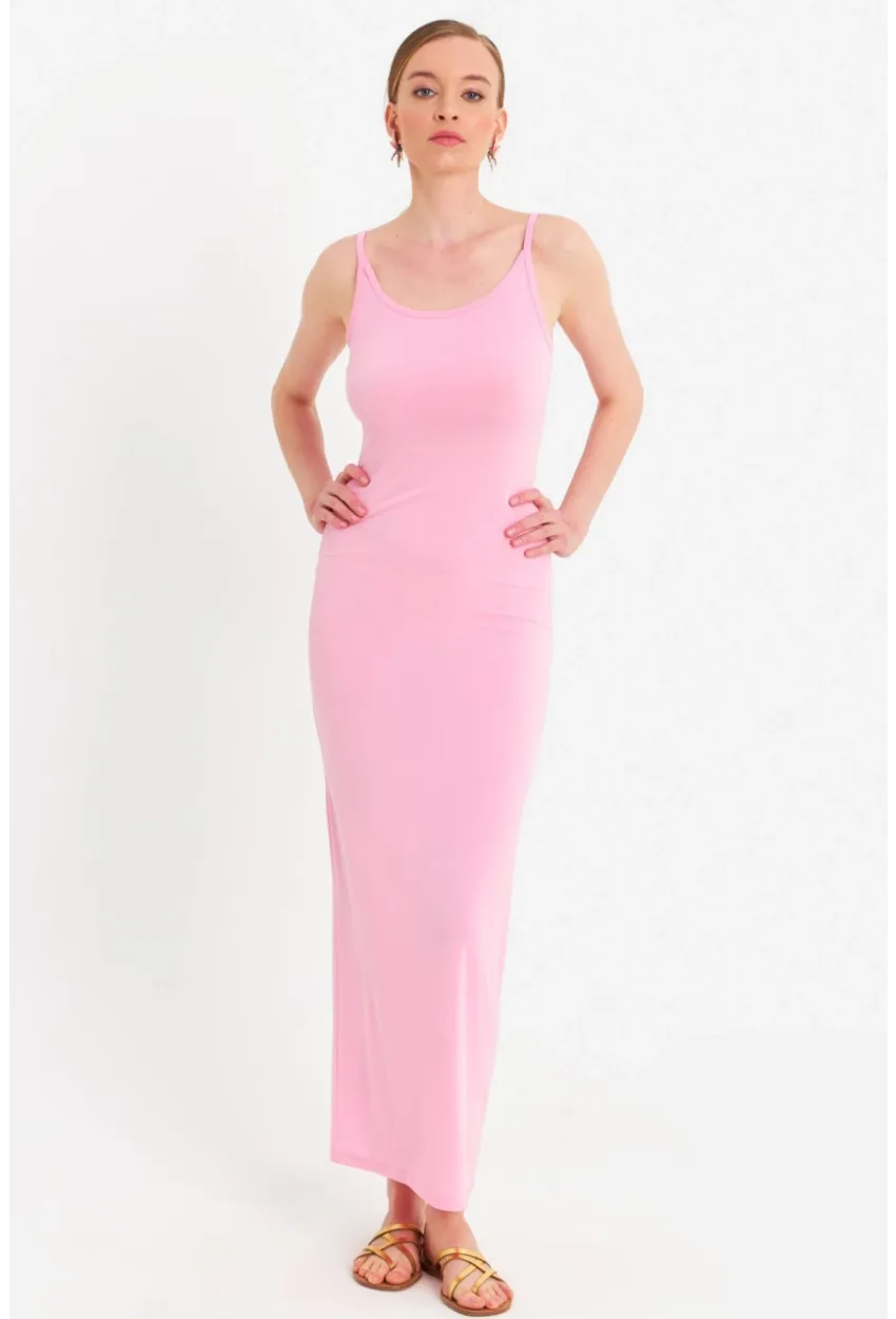 Kadın Pembe Ayarlanabilir Askılı Maxi Elbise MEN2004
