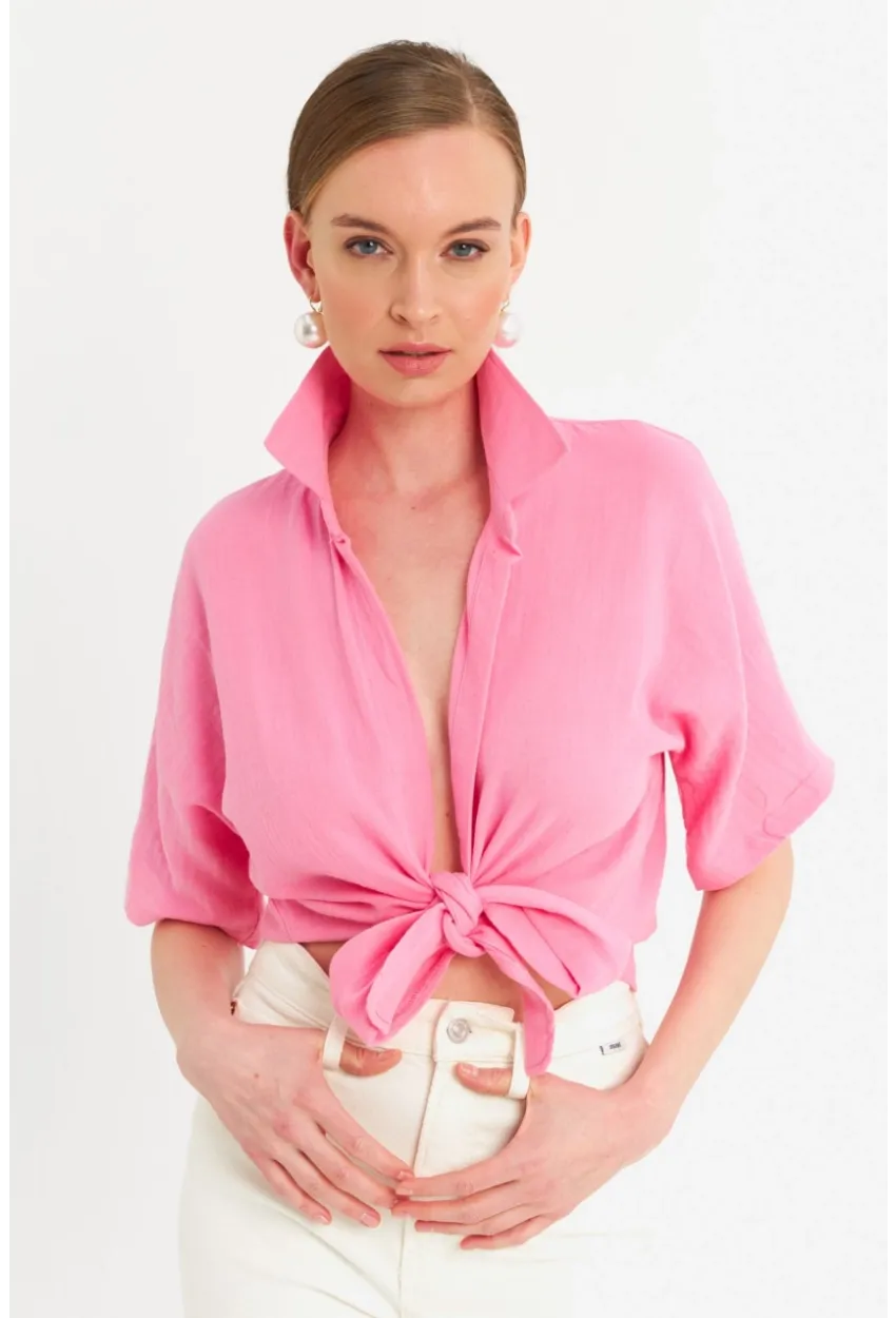 Kadın Pembe Bağlamalı Keten Bluz BTH16