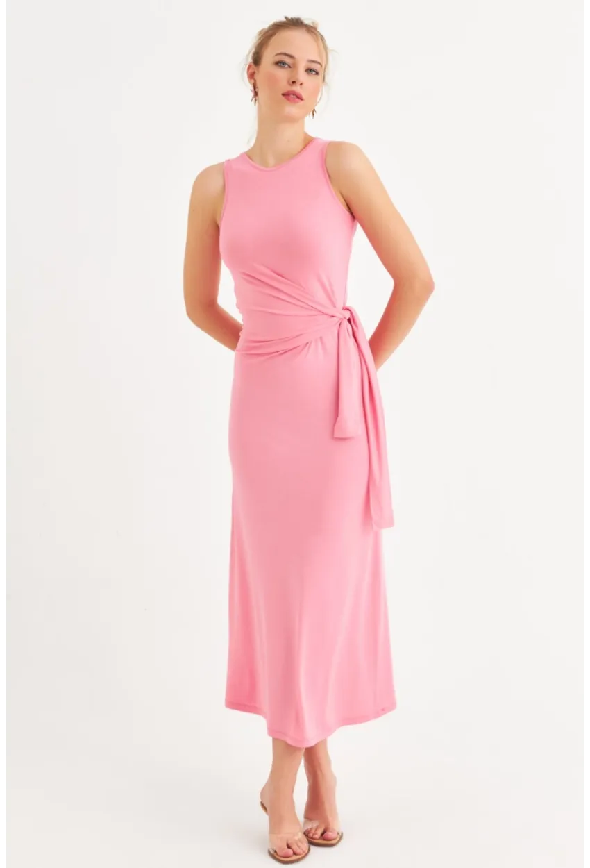 Kadın Pembe Büzgülü Kolsuz Midi Elbise TF75