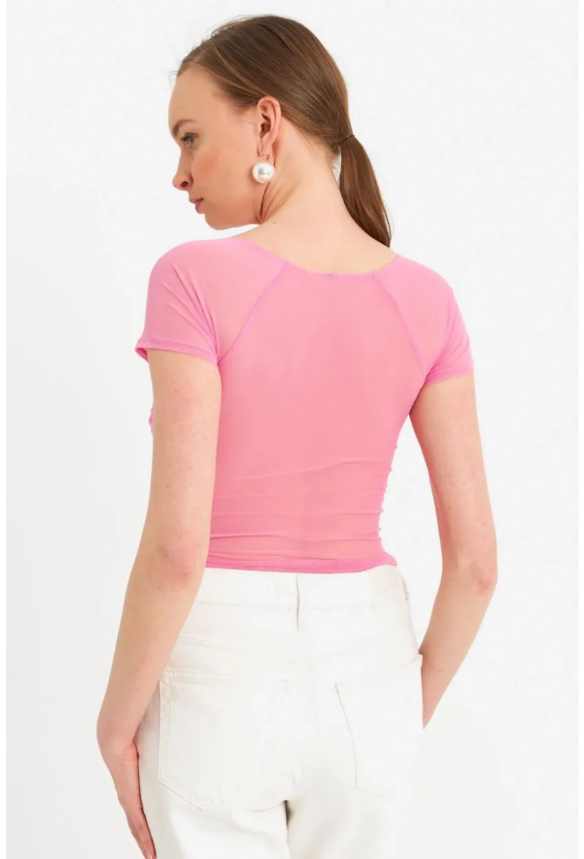 Kadın Pembe Büzgülü Tül Crop Bluz TPG04