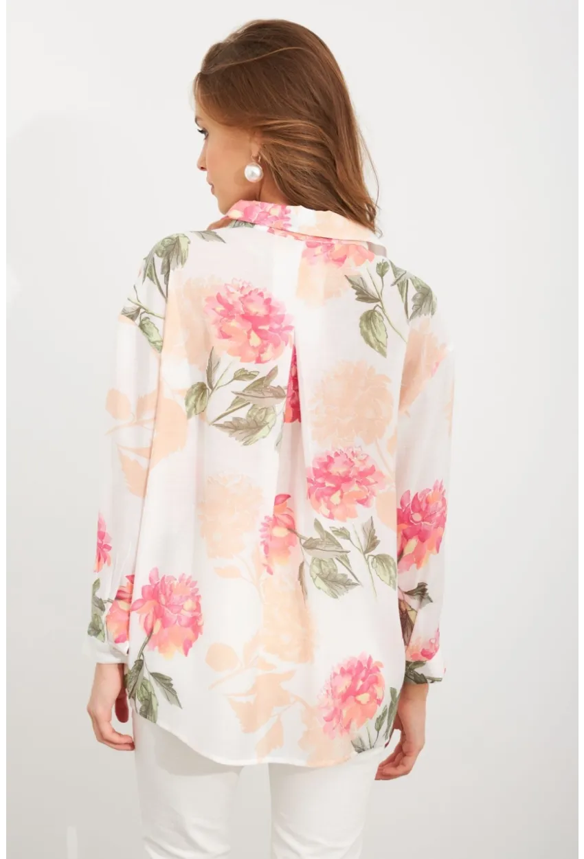 Kadın Pembe Çiçek Desenli İnce Keten Gömlek MCAR1068