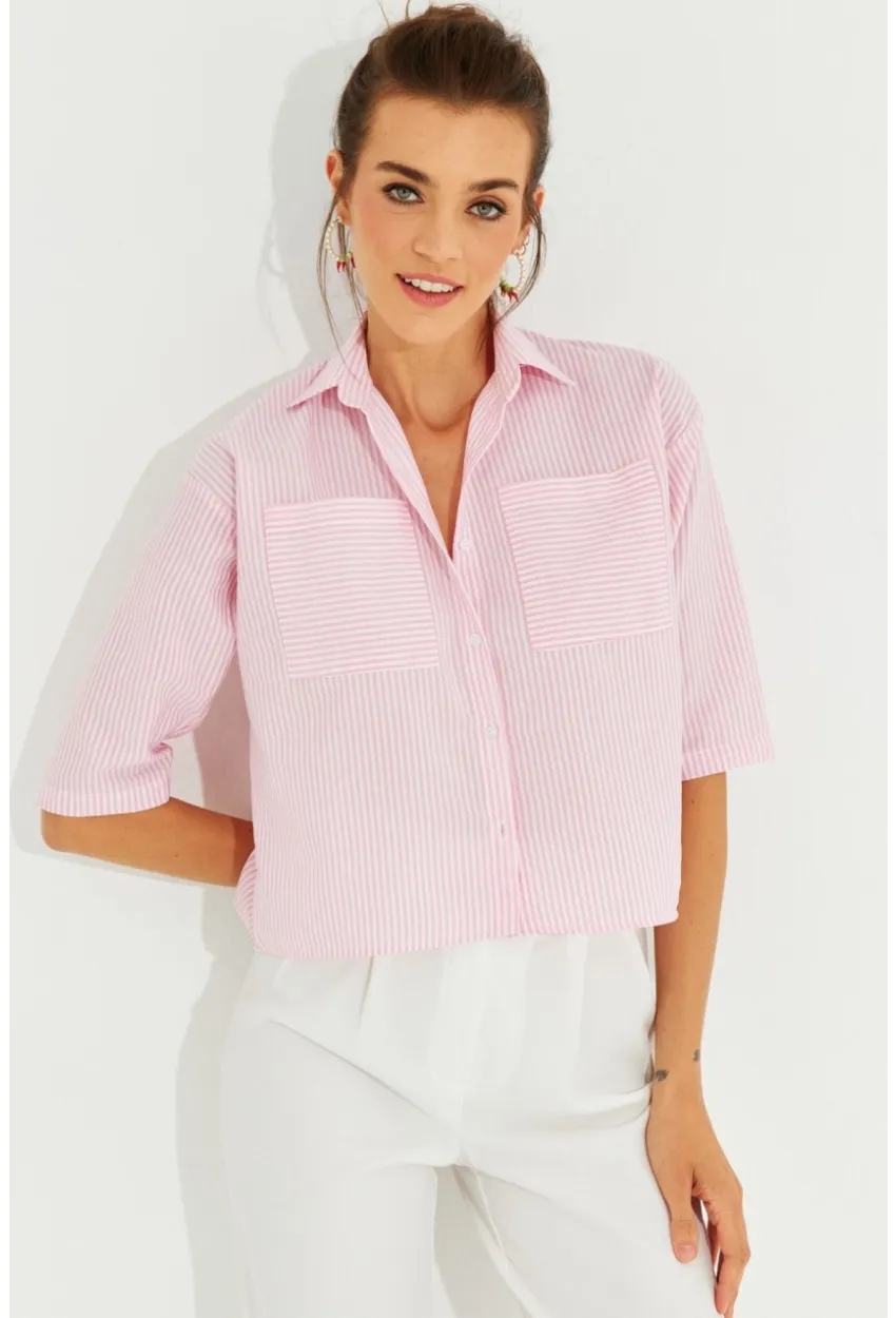 Kadın Pembe Çizgili Kısa Gömlek MİW1290