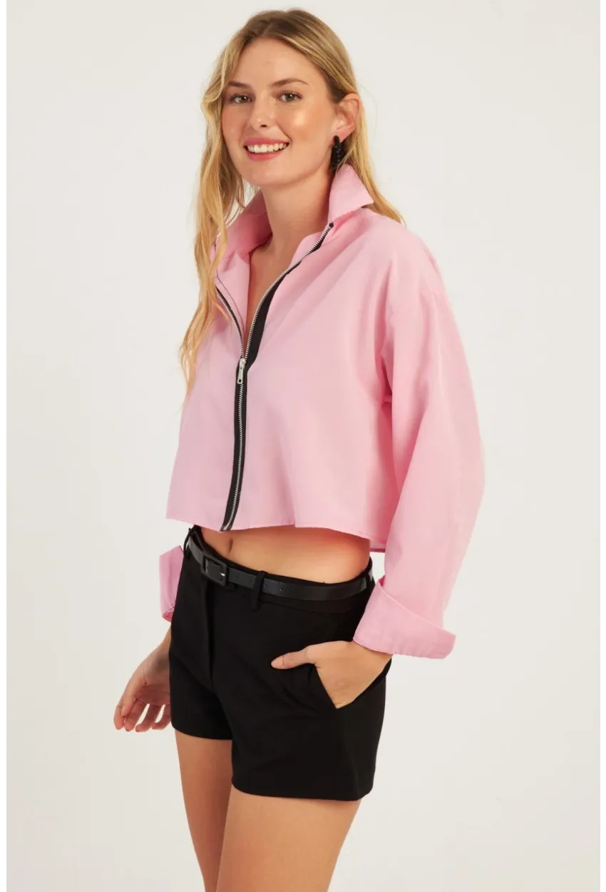 Kadın Pembe Fermuarlı Kısa Gömlek SF2541
