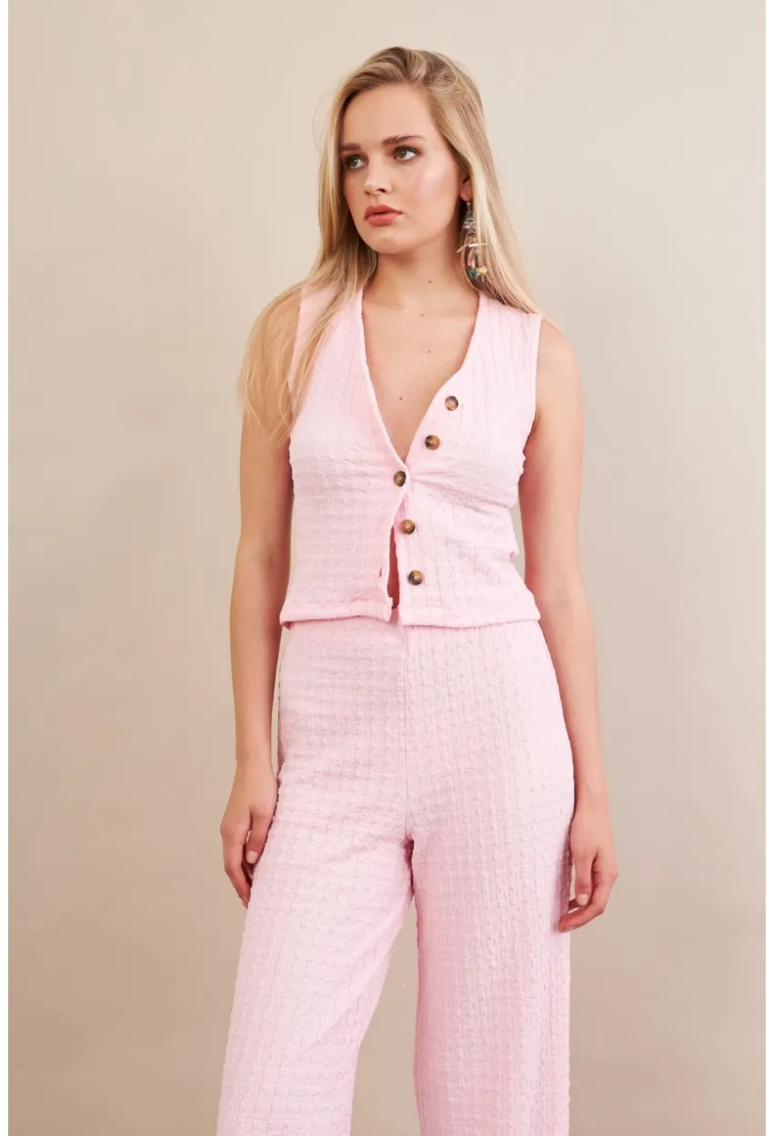 Kadın Pembe Gofre Yelek Pantalon Takım FLU330