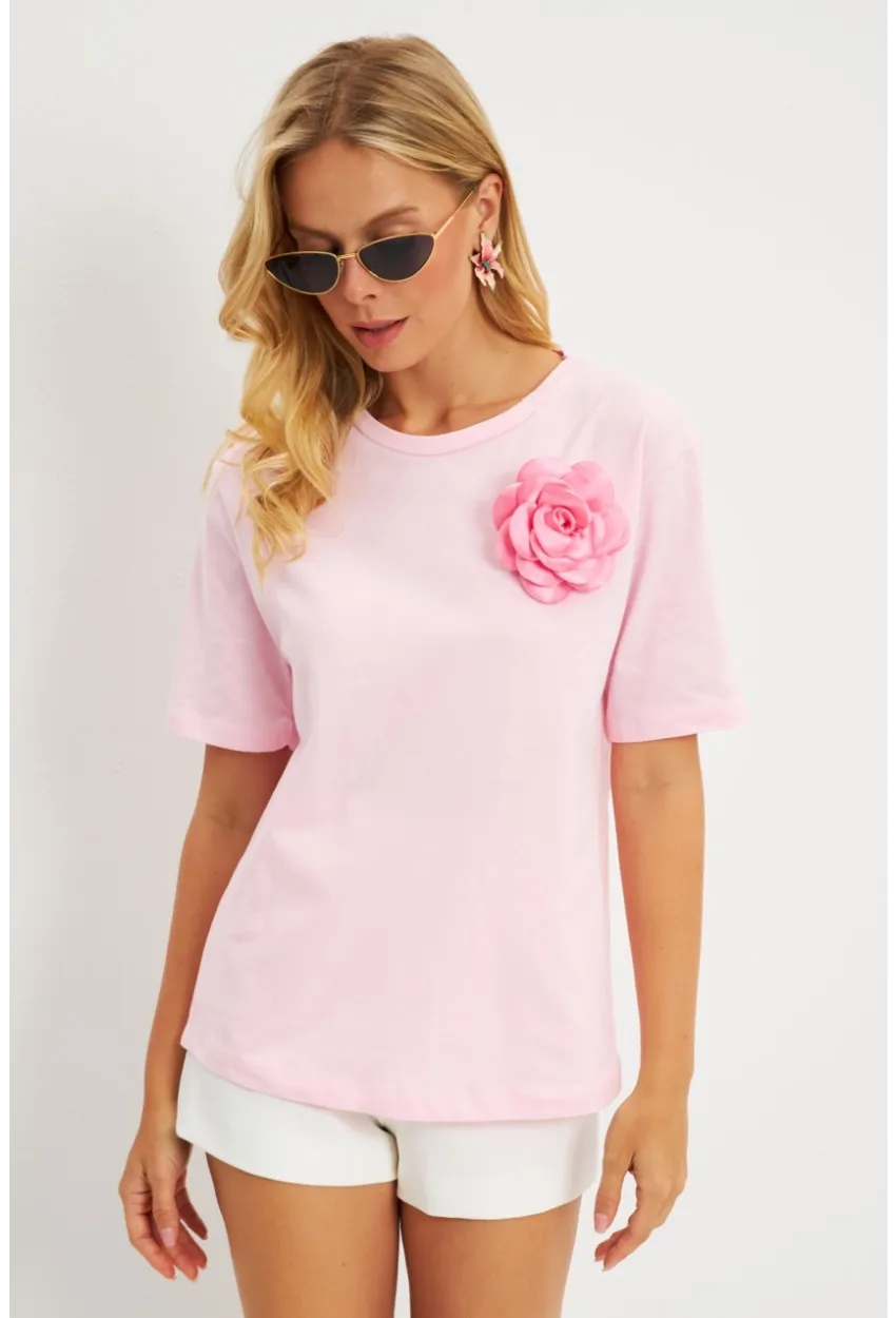 Kadın Pembe Gül Aksesuarlı T-Shirt SF12721
