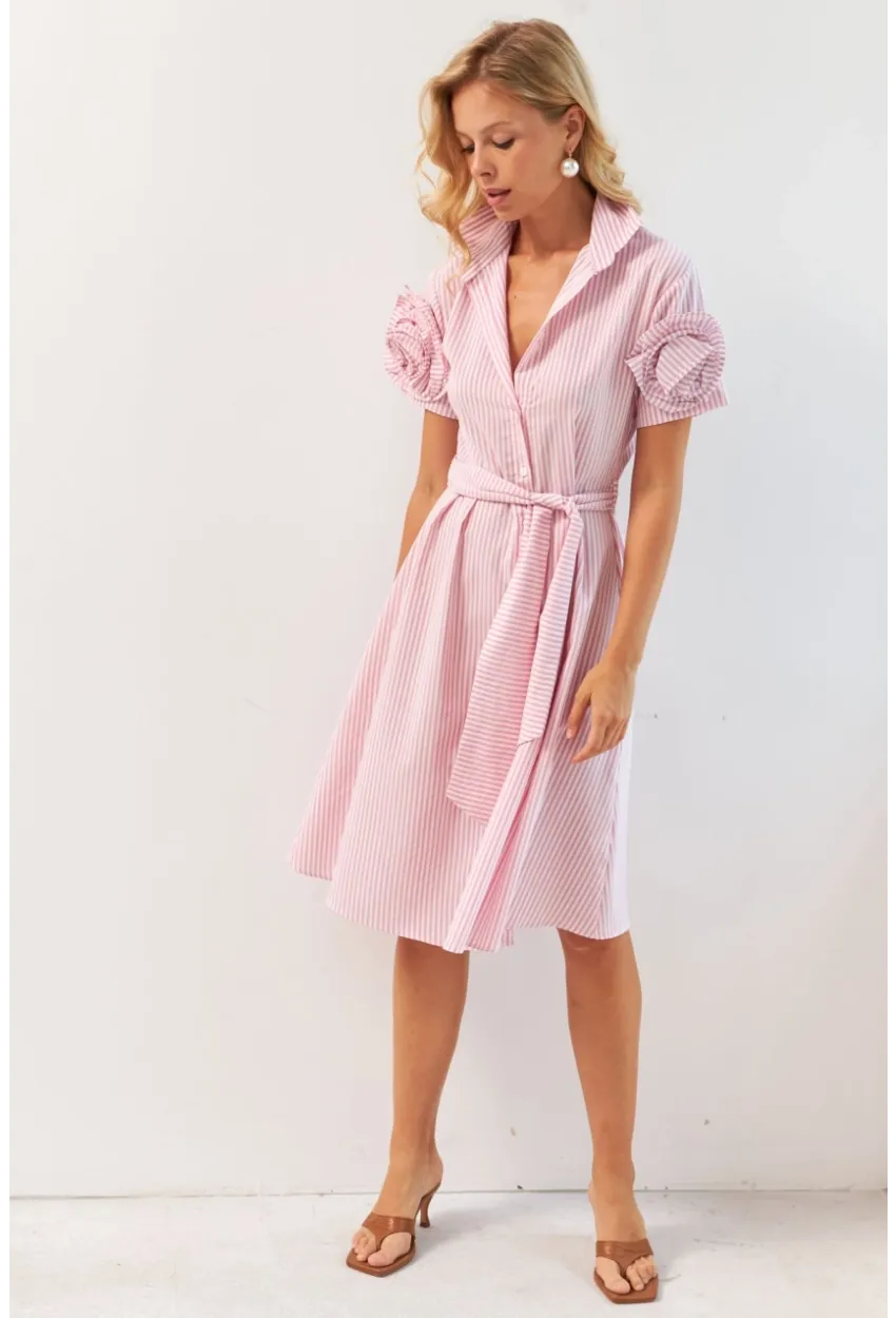 Kadın Pembe Gül Detaylı Midi Gömlek Elbise SF12812