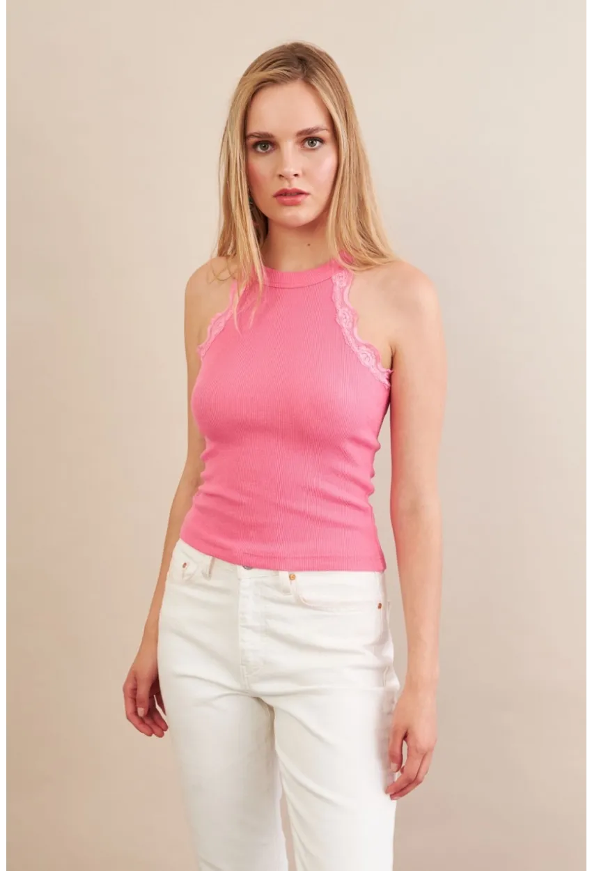 Kadın Pembe Halter Yaka Dantelli Bluz MK04