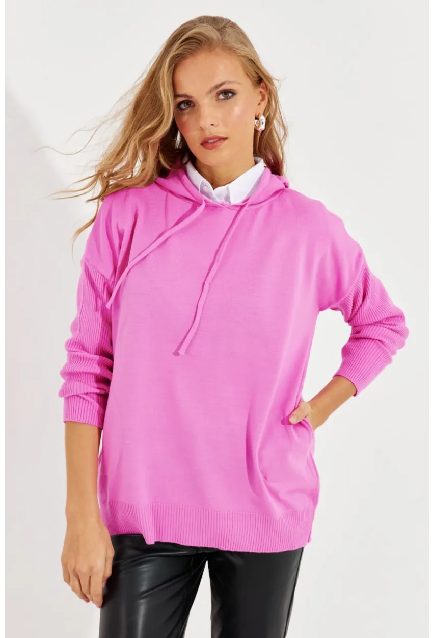 Kadın Pembe Kapüşonlu Cepli Triko Kazak YZ520