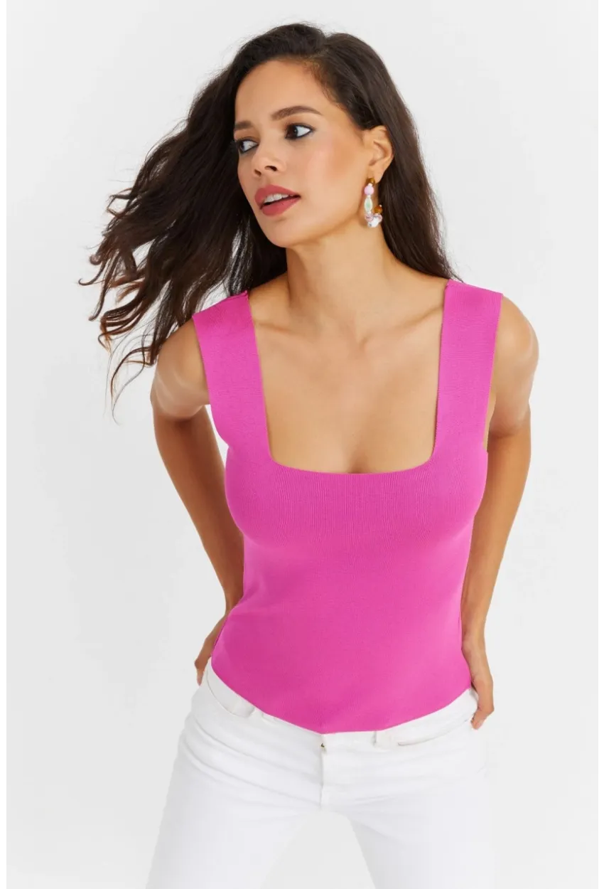 Kadın Pembe Kare Yaka Triko Bluz YV87